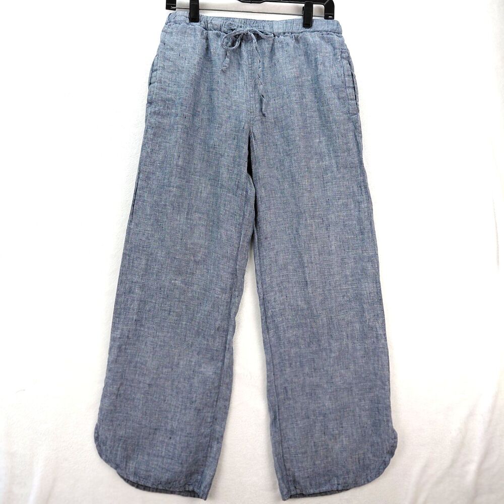 St Tropez Linen Pants Womens 6 Gray Wide Leg Relaxed Loose Elastic Waist Beach